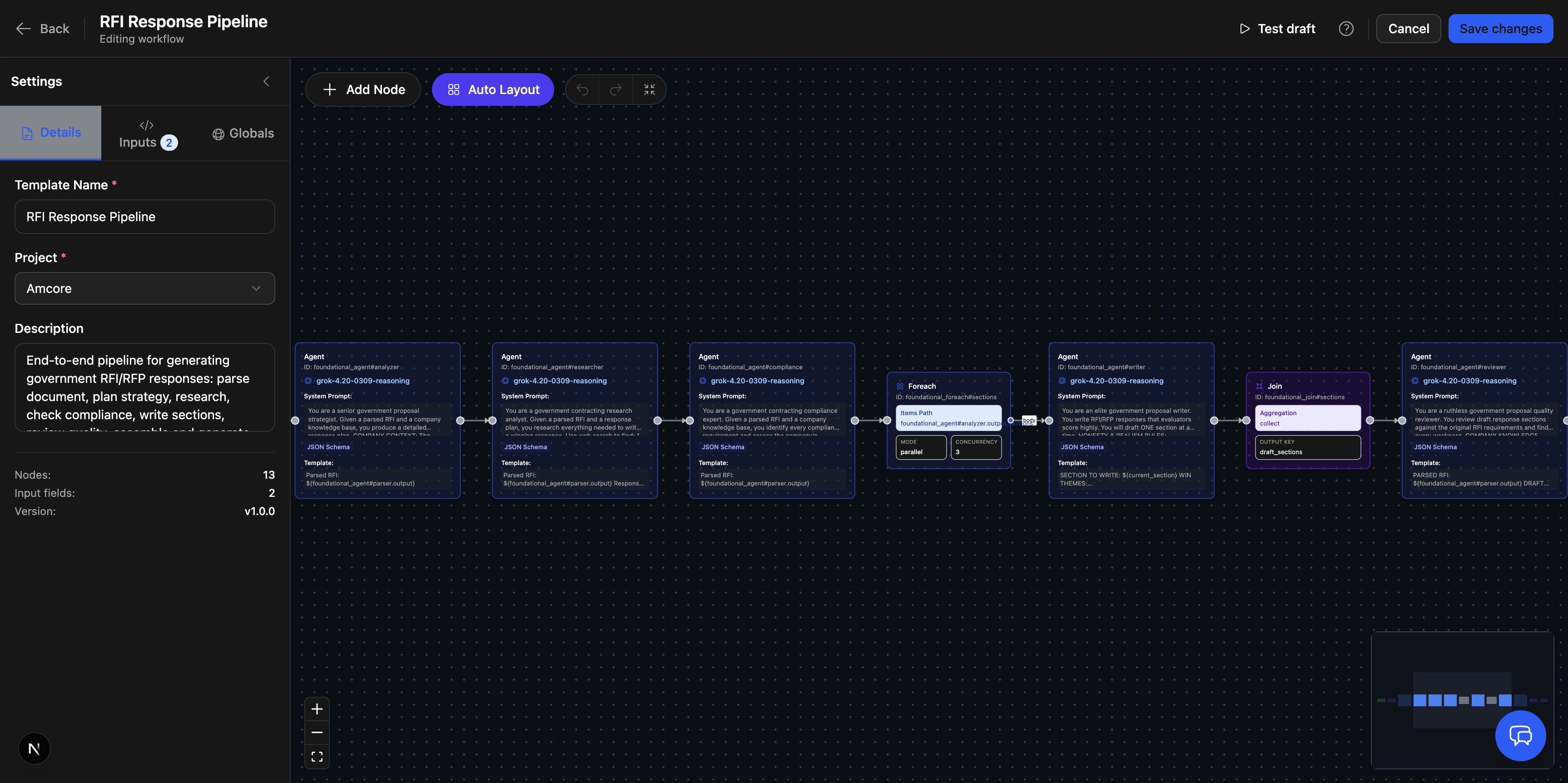 Orchestrator visual workflow builder showing the RFI Response Pipeline — a multi-agent workflow with Agent, Foreach, and Join nodes.